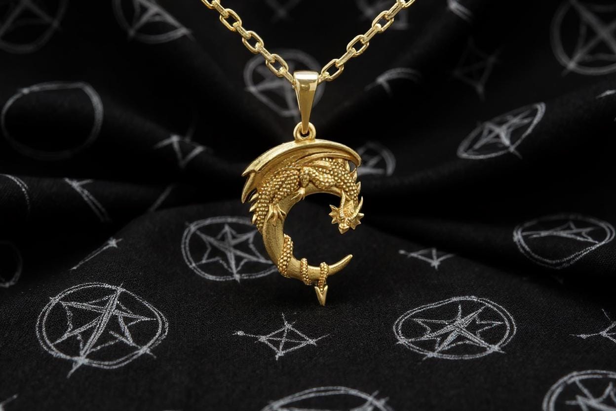 Sterling Silver Moon Dragon Pendant: Fantasy Necklace (etsy image id: 7106136544)