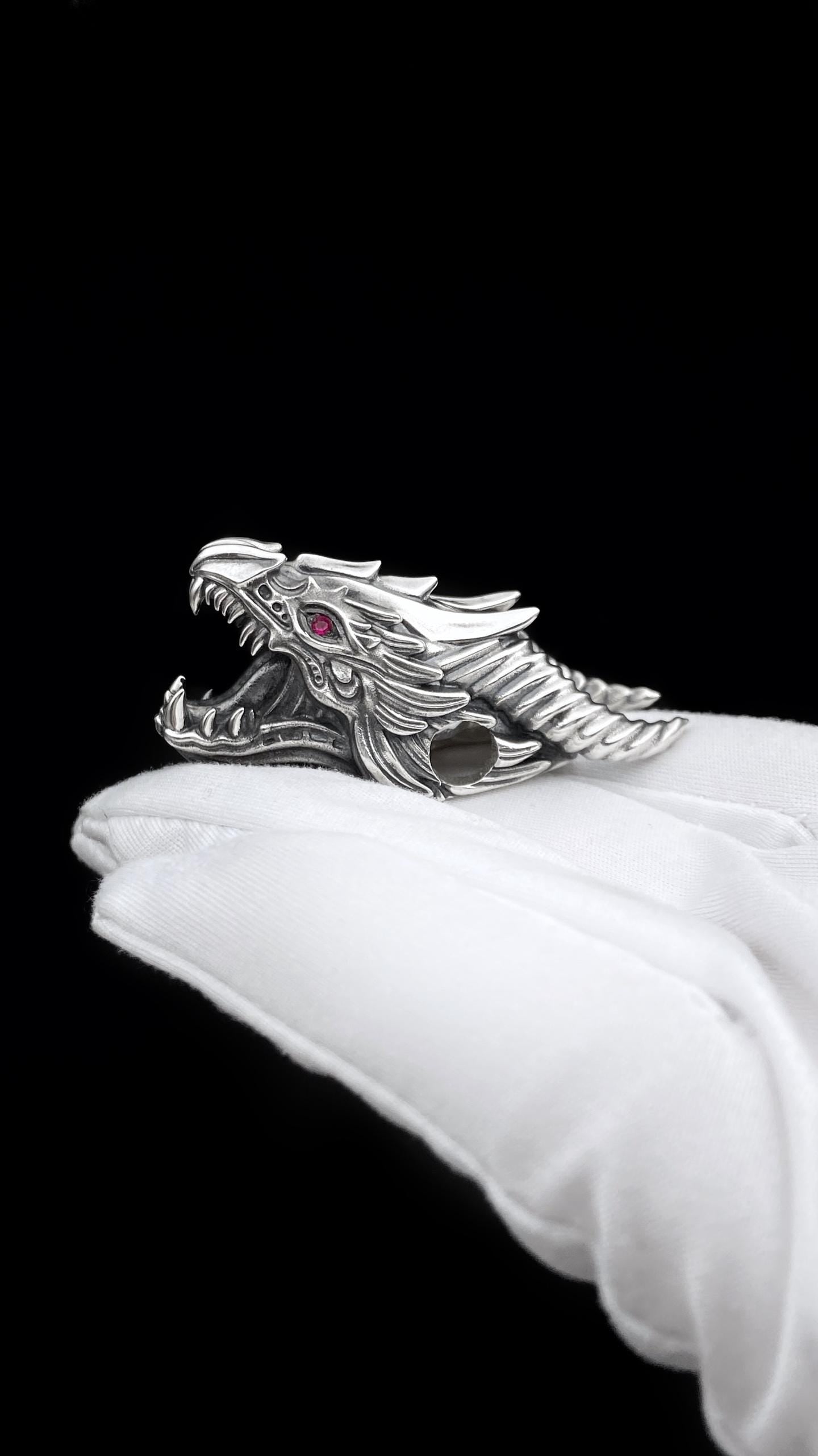 Sterling Silver Dragon Head Pendant: Ruby Eye Viking Necklace (etsy image id: 7155611316)