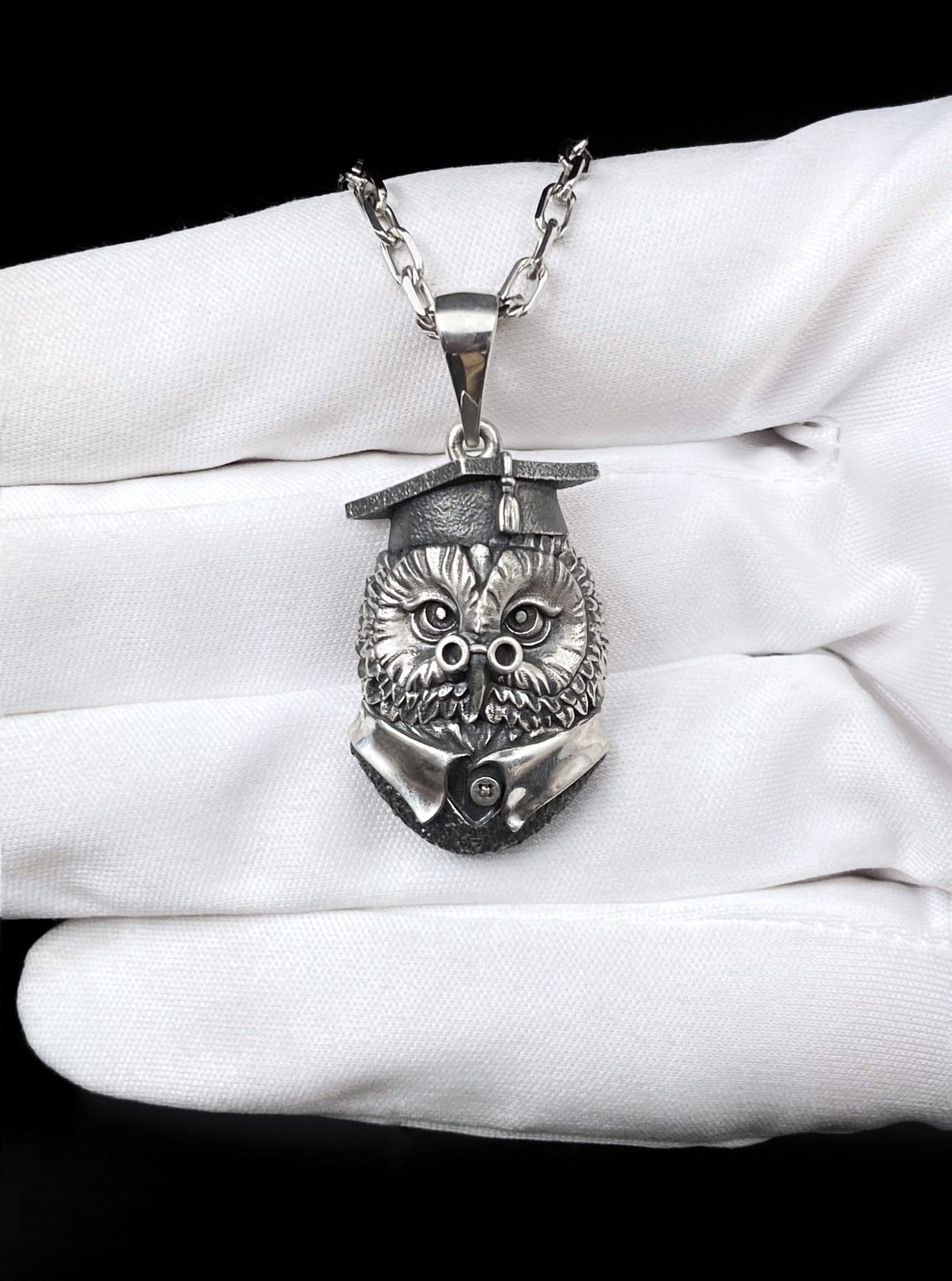 Sterling Silver Owl Scientist Pendant: Handmade Bird Necklace (etsy image id: 7235723335)