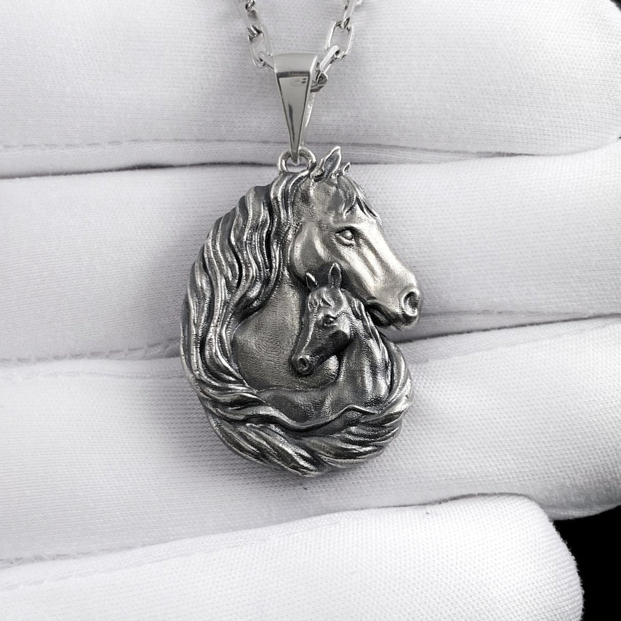 Silver Pendant Horse and Foal, Horse Lovers Gift, Horse Head Necklace, Horse Pendant, Handmade Equestrian Jewelry, Animal Lovers Jewelry (etsy image id: 7305583221)