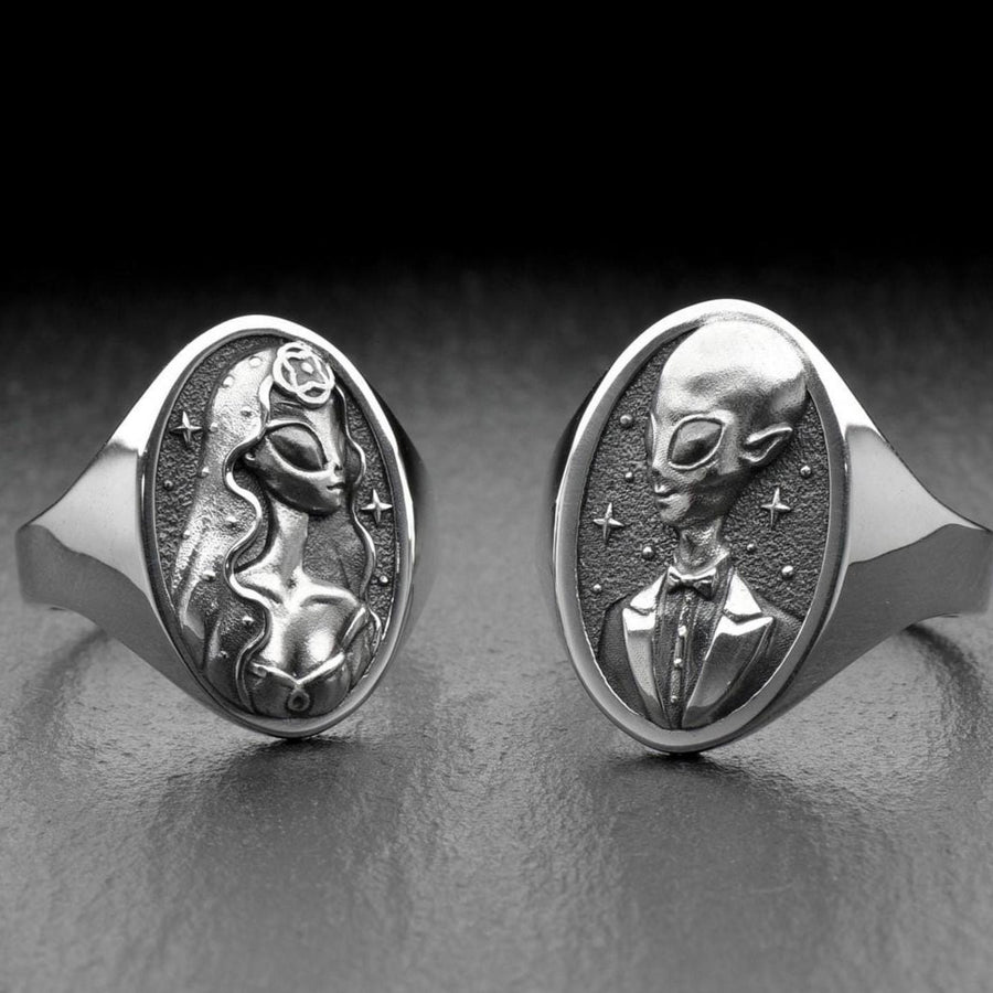 Sterling Silver Alien Wedding Rings Set, Unique Couples Jewelry, Cosmic Engagement Rings, Sci-Fi Lover Gift, Handmade Matching Rings