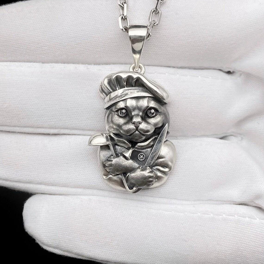 Sterling Silver Cat Chef Pendant – Avant Garde Whimsical Cook Cat Necklace