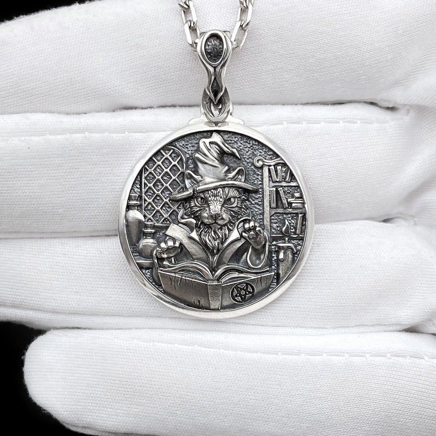 Sorcerer Cat Silver Pendant – Sterling Silver Wizard Cat Necklace | Mystic Occult Jewelry Gift for Him or Her (etsy image id: 7364624712)