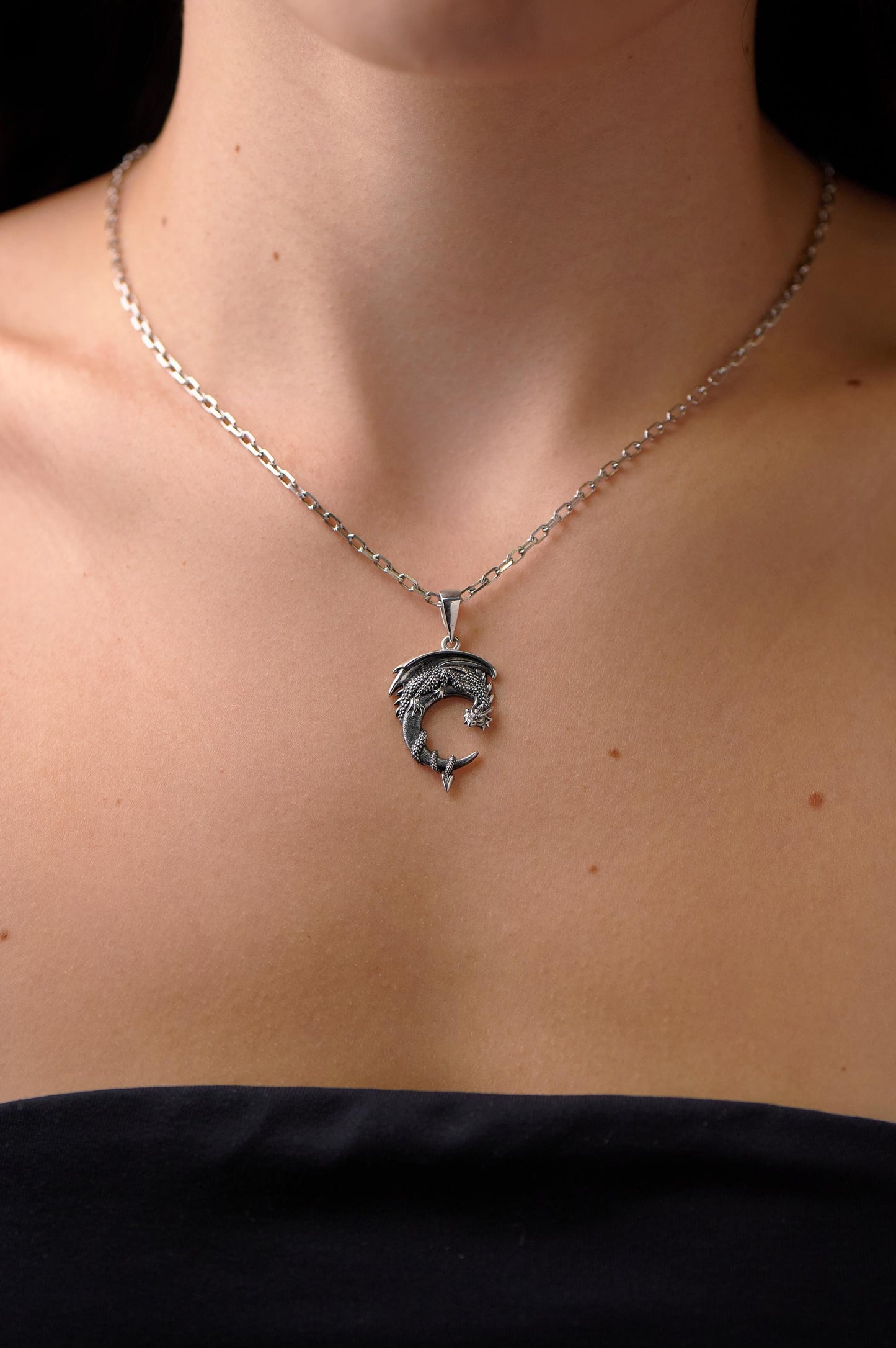 Sterling Silver Moon Dragon Pendant: Fantasy Necklace (etsy image id: 7369572266)