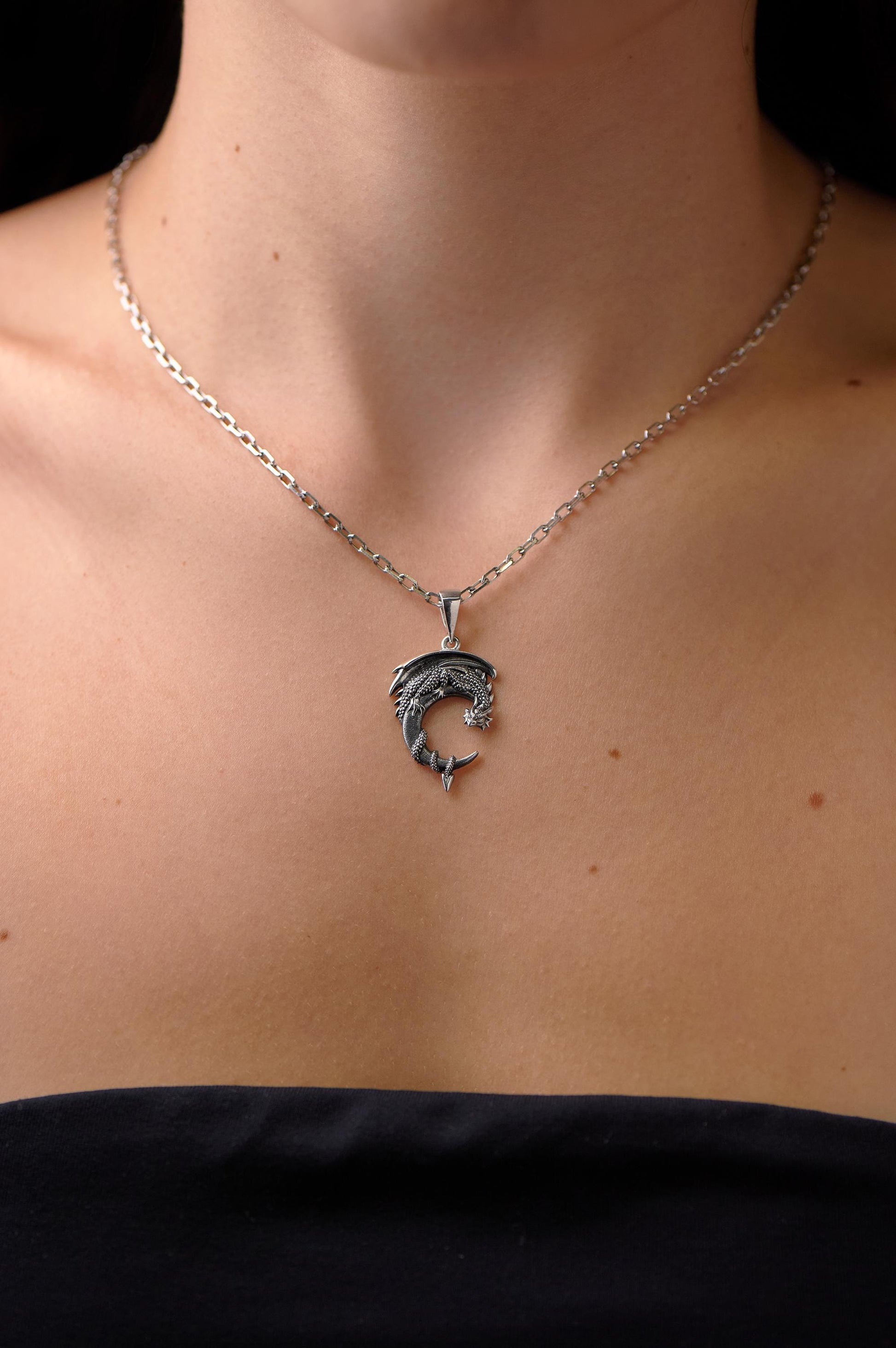 Sterling Silver Moon Dragon Pendant: Fantasy Necklace (etsy image id: 7369572266)