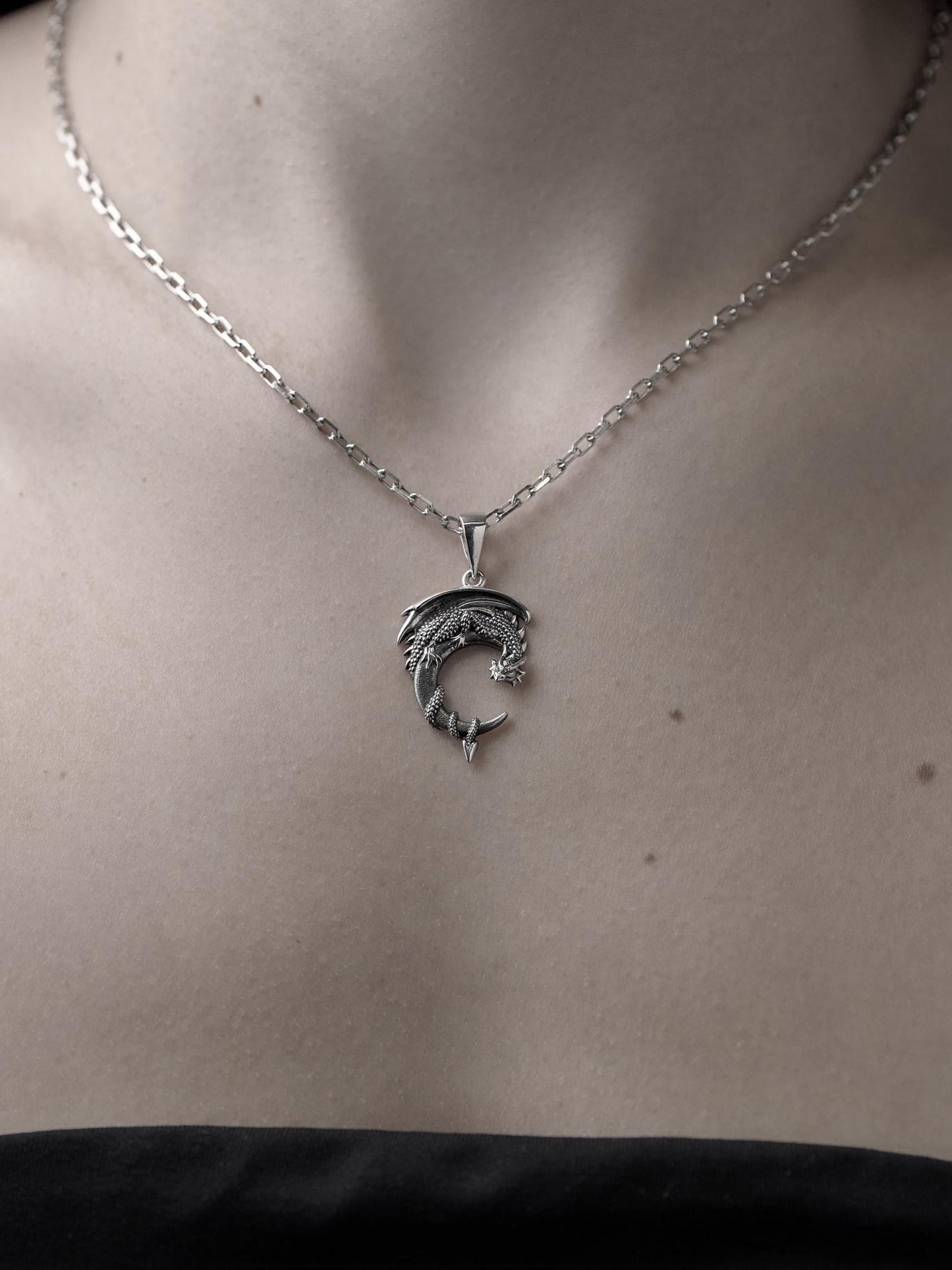 Sterling Silver Moon Dragon Pendant: Fantasy Necklace (etsy image id: 7369574152)