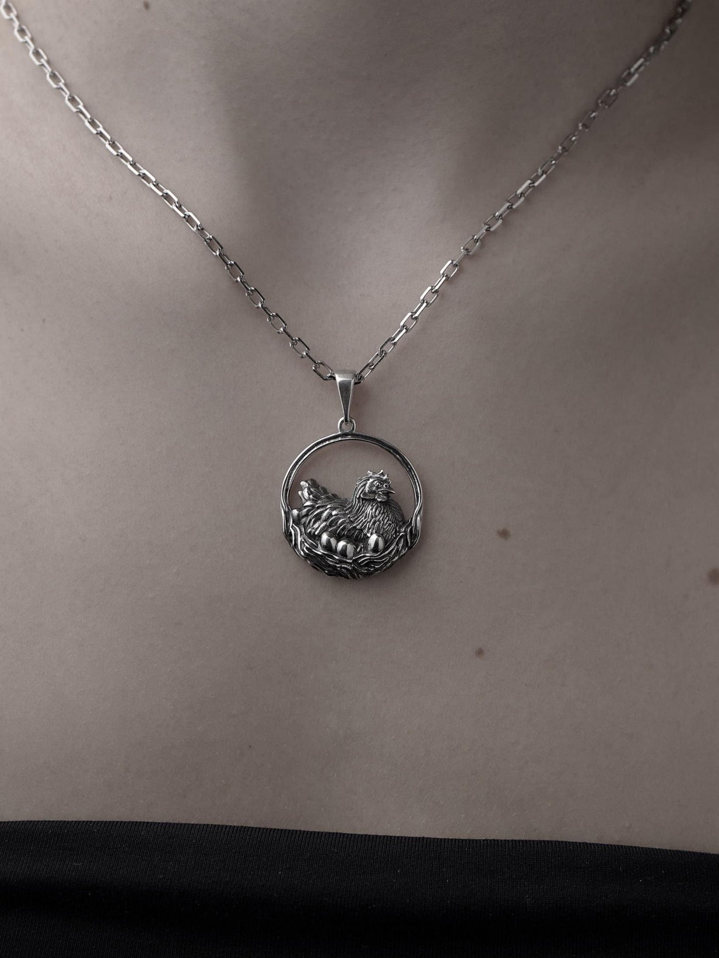 Sterling Silver Chicken Pendant Necklace: Hen and Eggs, Farm Animal Jewelry (etsy image id: 7371721846)