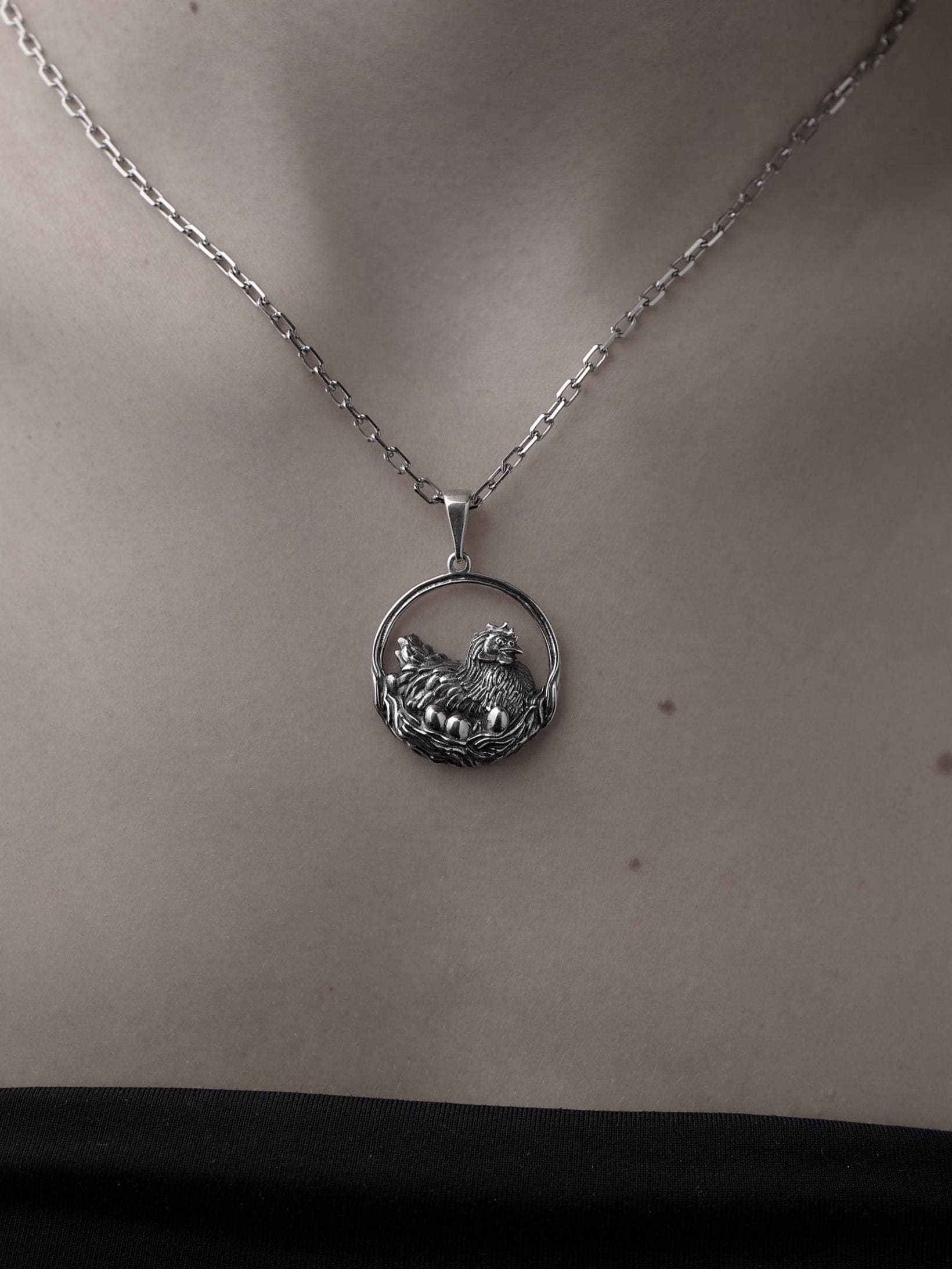 Sterling Silver Chicken Pendant Necklace: Hen and Eggs, Farm Animal Jewelry (etsy image id: 7371721846)