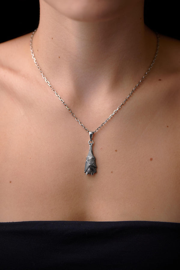 Sterling Silver Bat Pendant, Gothic Sleeping Bat Necklace, Handmade Animal Jewelry for Bat Lovers, Vampire Gift, Dark Fantasy Jewelry (etsy image id: 4122476032)