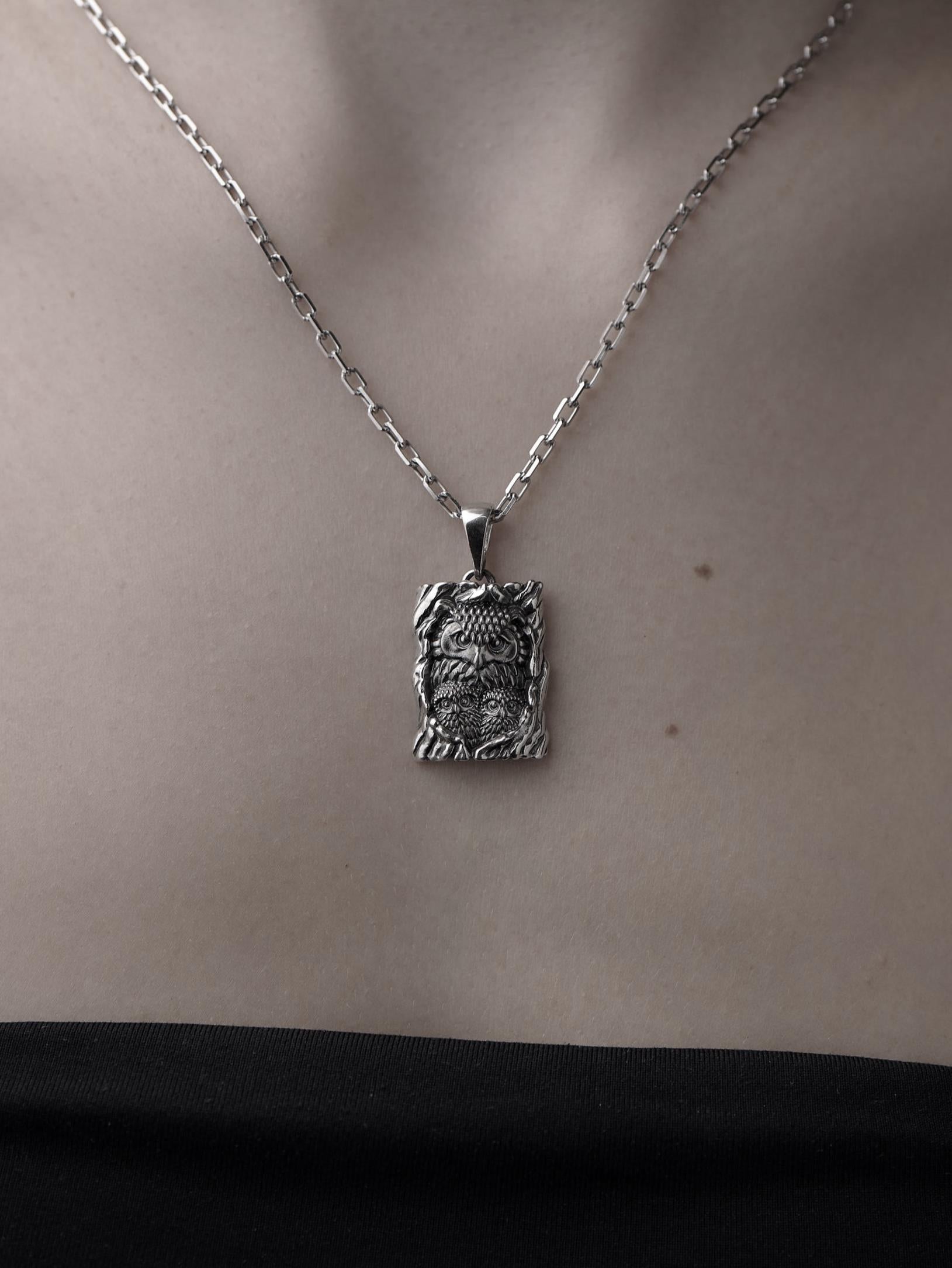 Sterling Silver Owl Pendant: Mother and Owlets Bird Necklace (etsy image id: 7372738414)