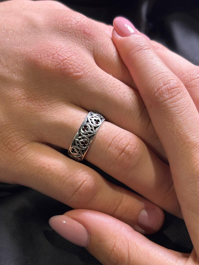 Gothic Flame Wedding Ring Set: Sterling Silver Black Gemstone Crown
