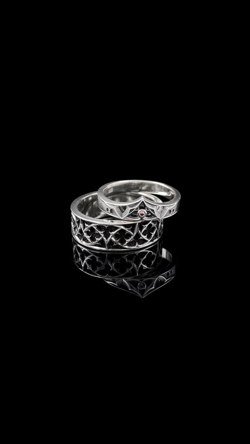 Gothic Sterling Silver Wedding Ring Set: Black Texture, Gemstone Accent __etsy:7424901857
