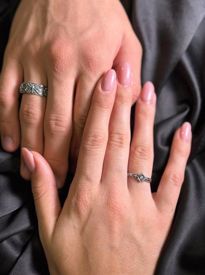 Gothic Sterling Silver Wedding Ring Set: Black Texture, Gemstone Accent __etsy:7424901857