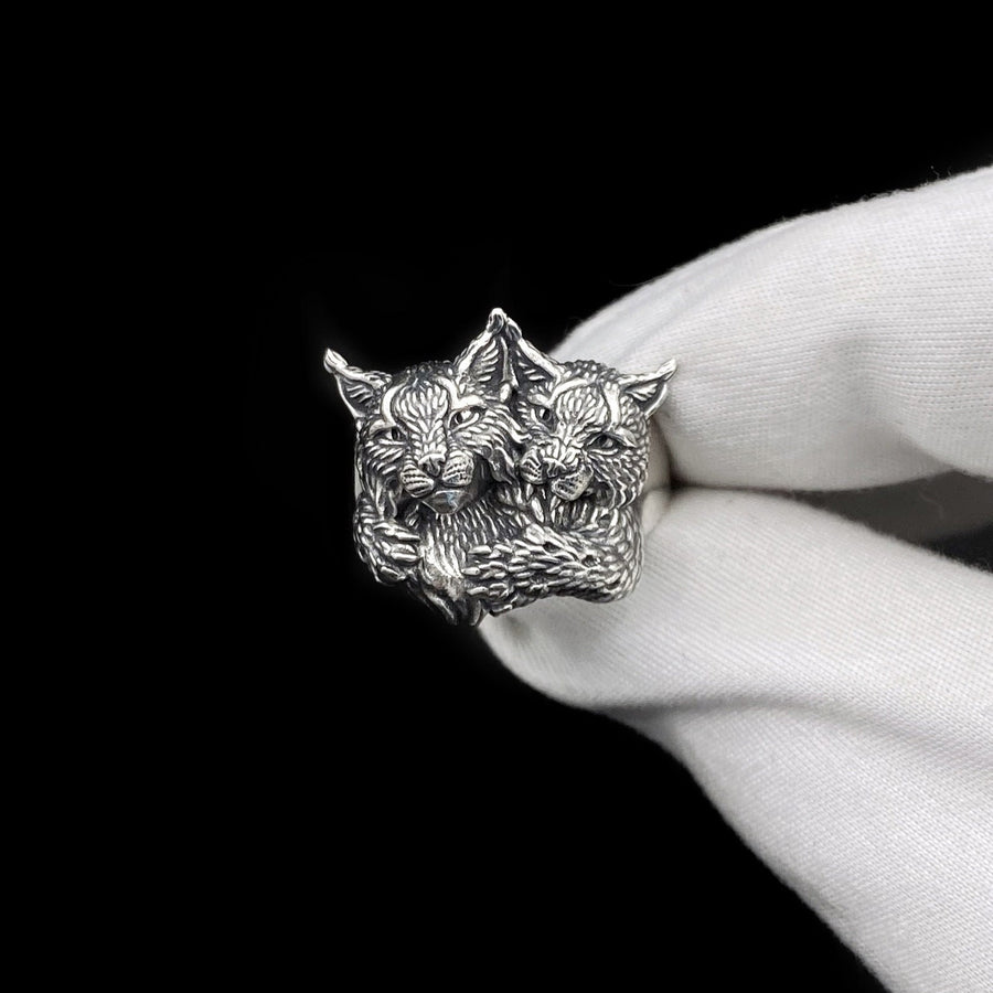 Sterling Silver Two Lynx Head Ring: Handmade Wild Cat Jewelry (etsy image id: 7400664241)