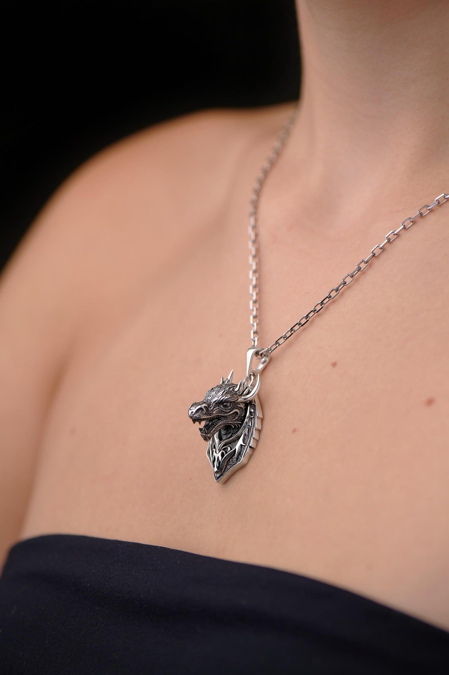 Sterling Silver Dragon Head Pendant: Fantasy Necklace (etsy image id: 7417477339)