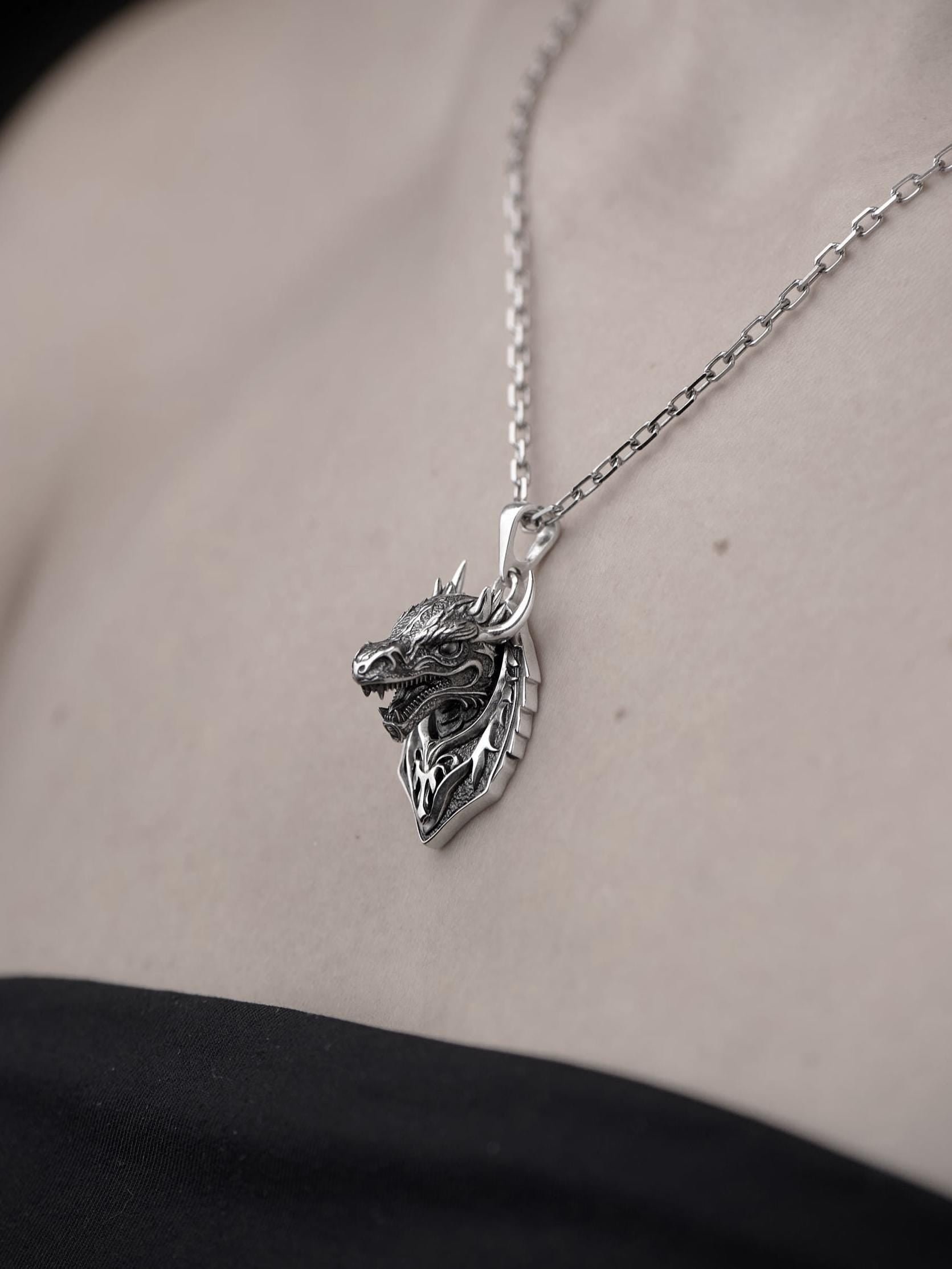 Sterling Silver Dragon Head Pendant: Fantasy Necklace (etsy image id: 7417478899)