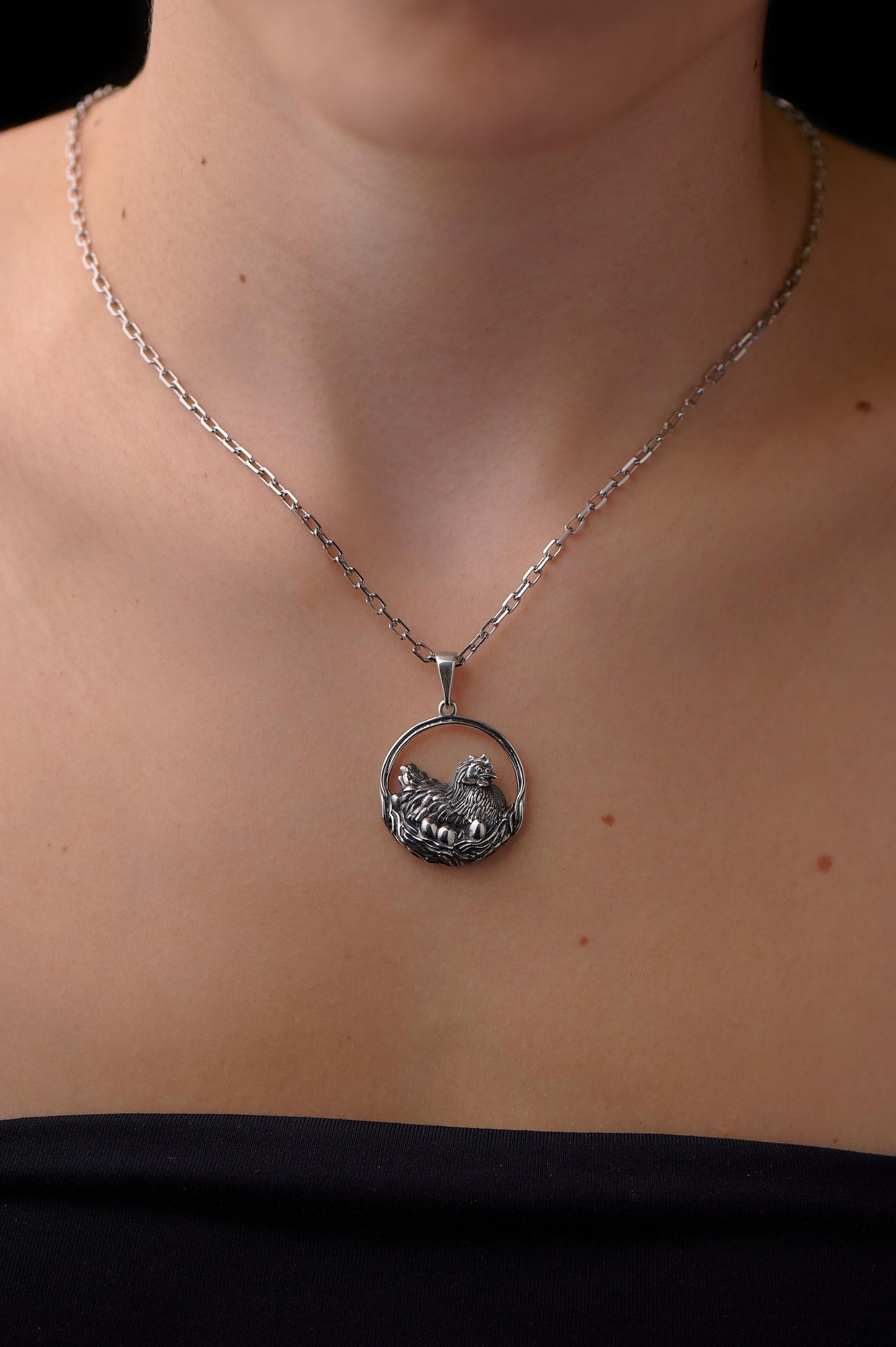 Sterling Silver Chicken Pendant Necklace: Hen and Eggs, Farm Animal Jewelry (etsy image id: 7419640835)