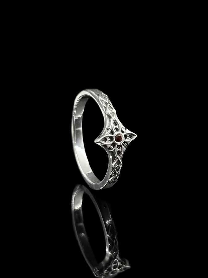 Gothic Engagement Silver Ring – Sterling Silver Ornate Cross Design with Deep Red Gemstone | Romantic Handcrafted Gothic Promise Ring (etsy image id: 7419998013)