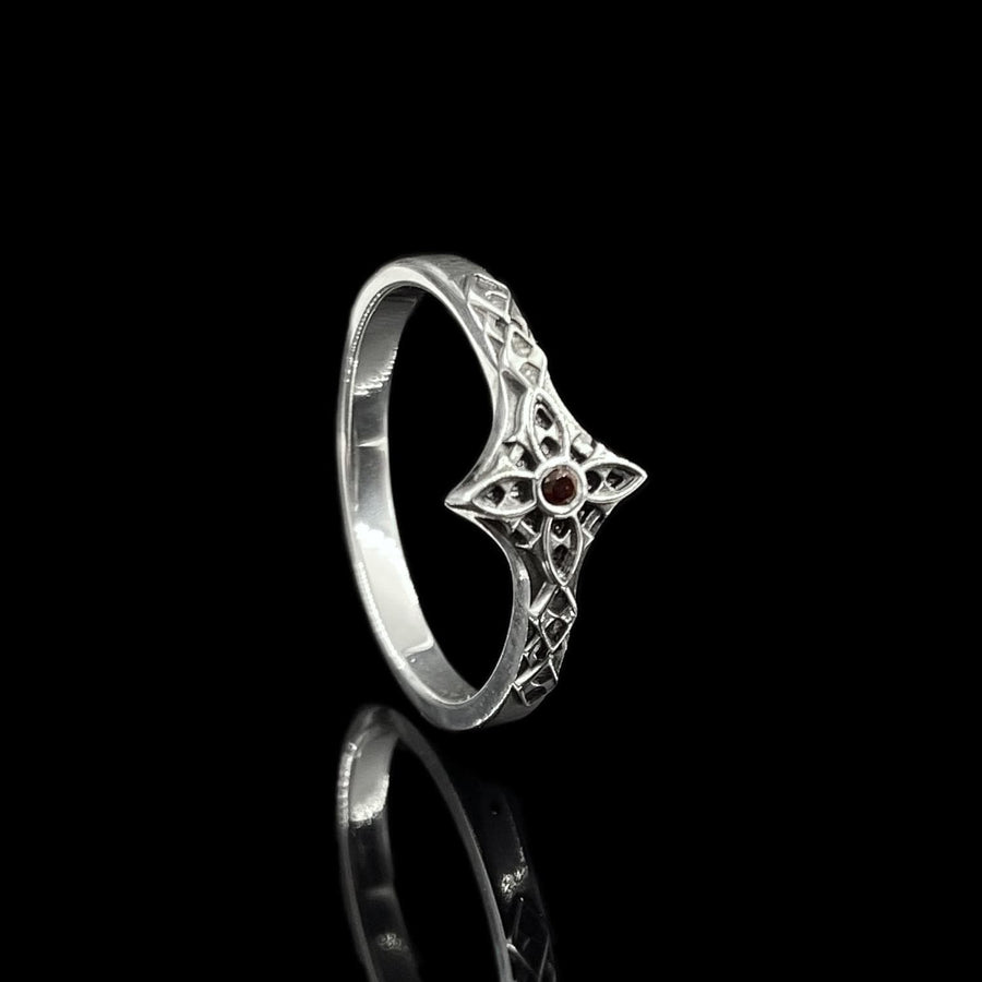 Gothic Engagement Silver Ring – Sterling Silver Ornate Cross Design with Deep Red Gemstone | Romantic Handcrafted Gothic Promise Ring (etsy image id: 7419998013)