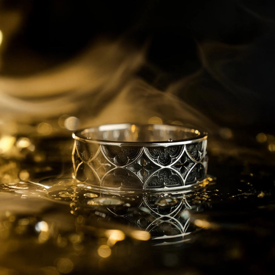 Gothic Wedding Ring Silver – Sterling Silver Band with Cathedral Design | Medieval Style Engagement Ring for Couples (etsy image id: 7423128227)