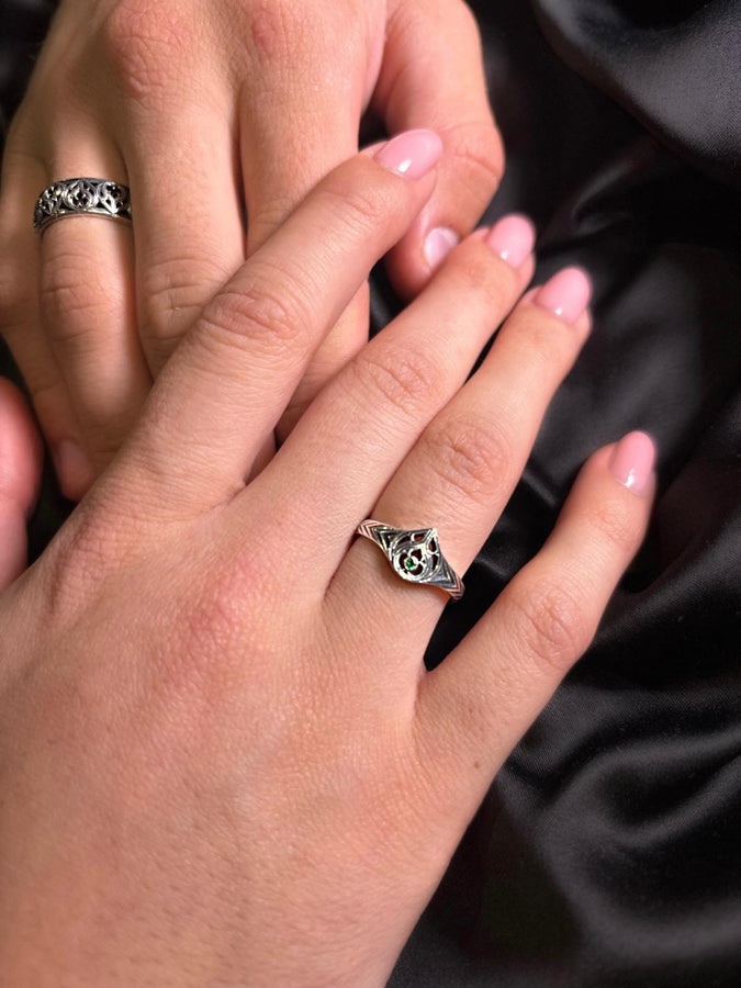 A gemstone centerpiece set in beautifully detailed gothic silver makes this ring the perfect choice for anyone who loves medieval style with a modern twist. (etsy image id: 7500368039)