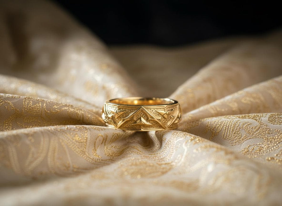 Detailed view of the ring's texture, showing the stippled, hammered finish inside the recessed arches. This "granulation" effect adds a raw, artisan quality to the piece, distinguishing it from mass-produced jewelry. The 925 sterling silver has been treated with sulfur to achieve a permanent dark patina in the low points, ensuring the architectural pattern remains visible even with daily wear. The metal looks solid and durable, suit (etsy image id: 7305774839)