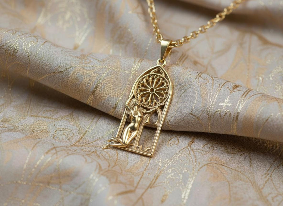 A cinematic studio shot of a tall, arched sterling silver pendant. The frame mimics a Gothic cathedral window. Inside the arch, a sculpted female figure (appearing nude) kneels or floats, reaching up to hold a large, circular "Rose Window" tracery wheel above her head. The silver is heavily oxidized, creating deep shadows behind the figure and the window spokes. (etsy image id: 7448666740)