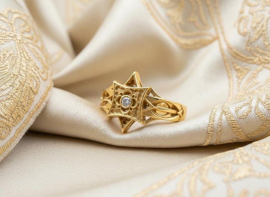 A detailed studio shot of a sterling silver ring held in a gloved hand. The focal point is a geometric "North Star" face—a square frame turned on its point, embellished with top and bottom spikes. Inside the frame is a floral quatrefoil pattern surrounding a round, bezel-set white gemstone (Diamond or CZ). The silver is polished on the raised lines and dark in the recesses. (etsy image id: 7452221522)