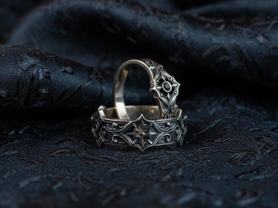 Gothic Sterling Silver Wedding Ring Set: Black Texture, Gemstone Accent __etsy:7424901857