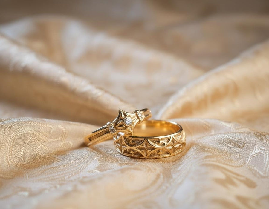 A high-resolution macro photograph of a matching sterling silver gothic wedding ring set resting on softly draped, luxurious white satin. The set features a wider masculine band and a slightly narrower feminine band. Both rings display a continuous engraved arcade of pointed medieval arches along the bottom edge, centering on a polished geometric rhombus frame that holds a brilliant round white gemstone. The polished silver beautifully contrasts  (etsy image id: 7928017042)
