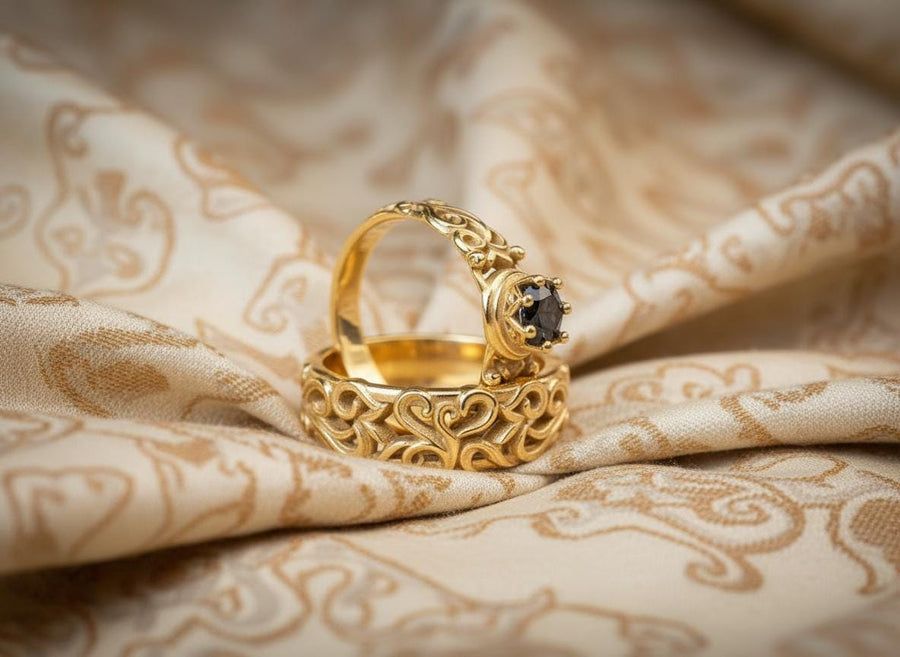 A high-contrast studio shot of a two-piece sterling silver ring set. The top ring features a raised, three-dimensional "crown" or "coronet" motif with small spheres on the tips. The bottom ring is a matching wide band. Both rings are covered in intricate, raised scrollwork or vine-like filigree. The silver is polished bright on the raised swirls, contrasting with the black oxidized background.