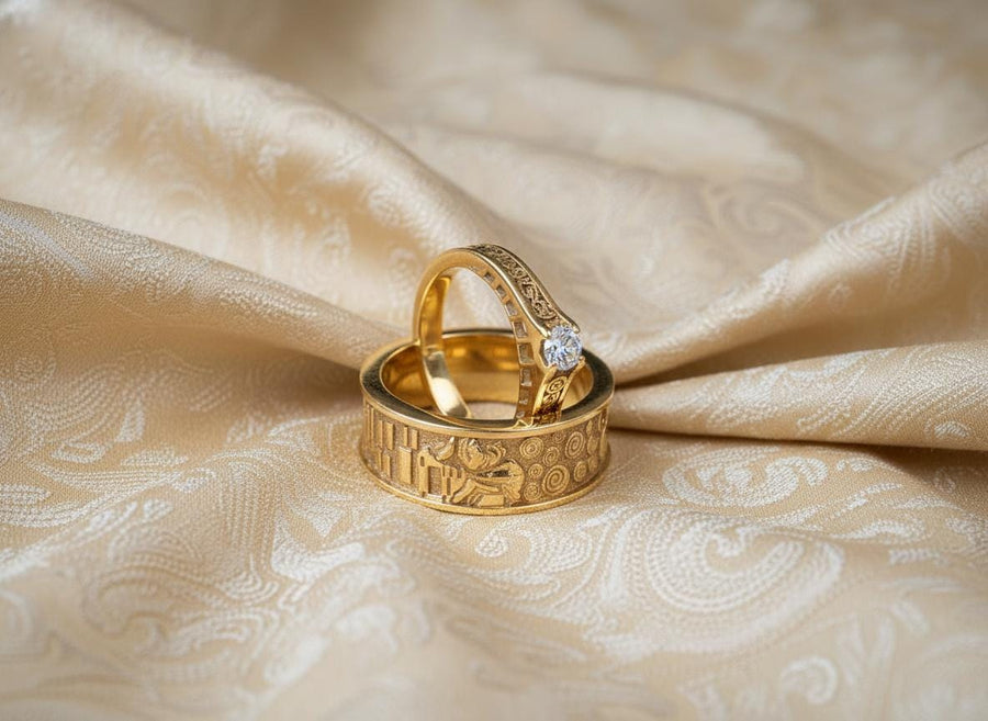 A cinematic studio shot of a matching two-piece ring set. The bottom ring is a wide silver band featuring a detailed relief carving of the couple from Gustav Klimt's "The Kiss." The top ring is a narrower engagement band that mimics the geometric patterns of the painting and holds a round, amber-colored gemstone. The background is a warm, golden haze, reflecting the "Golden Phase" of the original artwork.