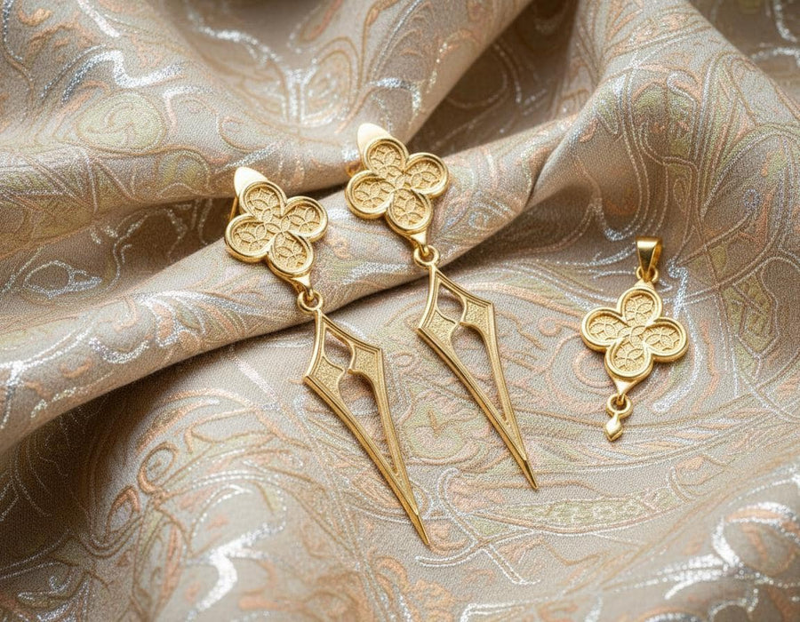 With their timeless beauty and one-of-a-kind design, these earrings are a must-have accessory for anyone who wants to stand out from the crowd. Don't miss this opportunity to own a piece of gothic elegance, order now! The image highlights the contrast between the two sections. The stud features a dense, "micro-relief" pattern that looks like chainmail or textile. The drop is smooth and linear, providing a visual break. (etsy image id: 7090850125)