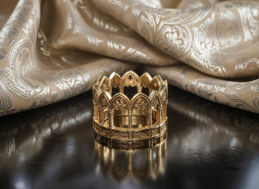 Sterling Silver Gothic Ring, Vintage Ring, Engagement Ring, Handmade Medieval Jewelry, Mens Ring, Unique Womens Gift, Gift Idea, Unique Ring, This angle demonstrates the "openwork" illusion of the design. While the ring is a solid band, the deep relief casting creates the appearance of a hollow gallery or walkway. The repetition of the arches is mathematically precise, mirroring the rhythm of a Gothic nave. It showcases a mastery of arc (etsy image id: 7305776203)