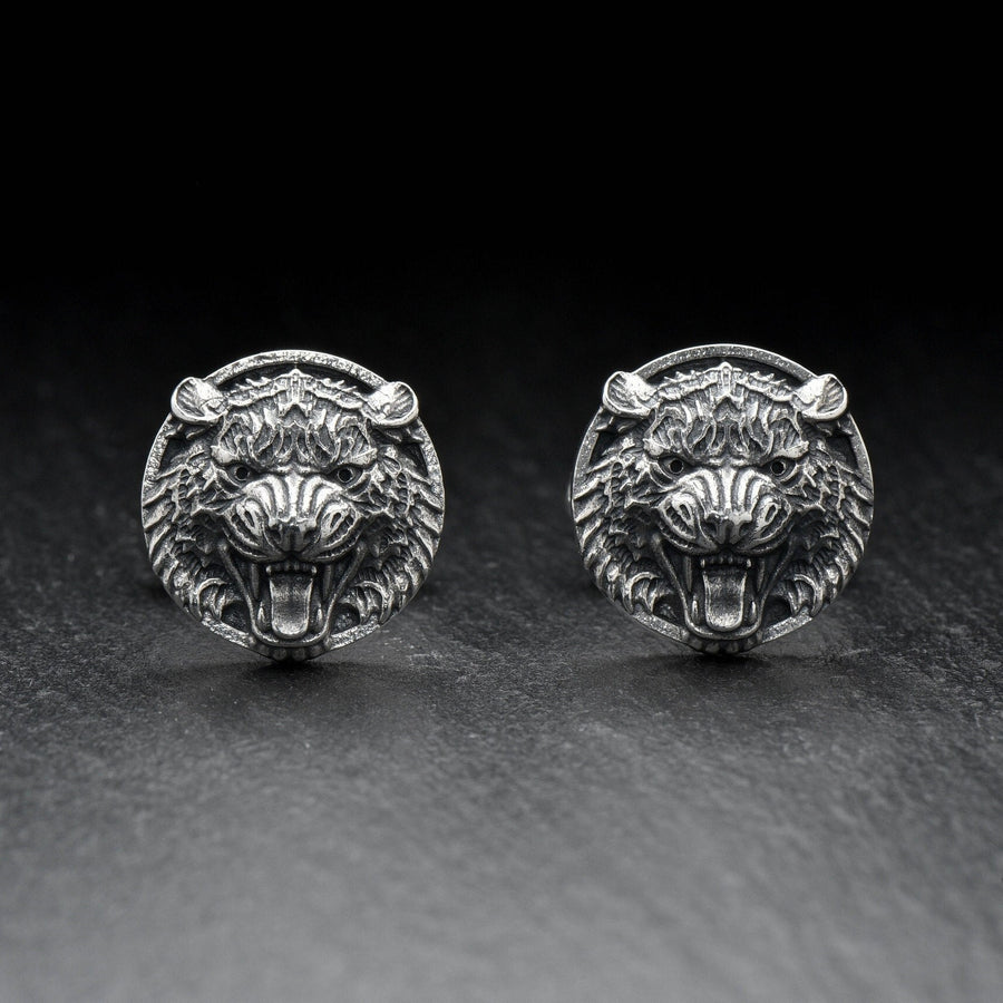 Sterling Silver Tiger Head Cufflinks, Handmade Animal Jewelry, Oxidized Finish (etsy image id: 7759071132)