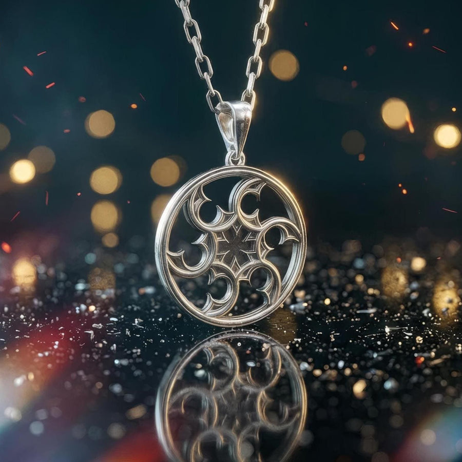 A detailed close-up of a circular sterling silver pendant resting on a dark blue, textured silk fabric. The pendant features an openwork design with swirling, crescent-like shapes radiating from a central four-pointed star. The intricate pattern resembles a gothic rose window or a celestial wheel. The raised metal surfaces are polished to a bright silver shine, contrasting beautifully against the dark, oxidized background recesses. (etsy image id: 7830974908)