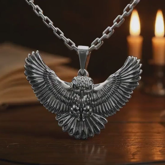 Sterling Silver Owl Pendant Necklace: Winged Spirit Animal, Gothic Jewelry